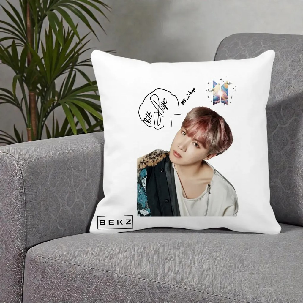 Perna Personalizata K-pop BTS J-Hope Par Roz Autograf, 40x40 cm, Alba Mata, Husa Detasabila, Perna Inclusa, BEKZ®