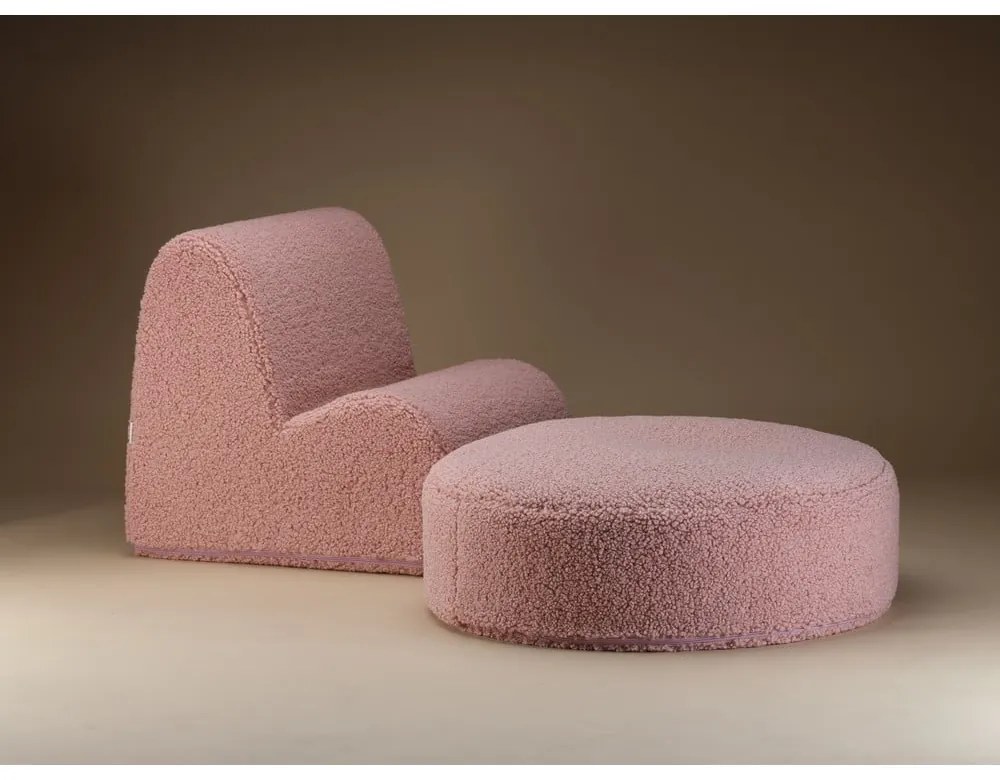 Fotoliu puf pentru copii roz cu tapițerie din țesătură bouclé Round – Wigiwama