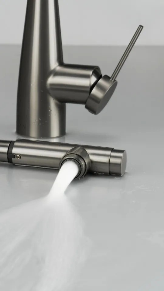 🚰 Baterie bucătărie ERIDAN, cu racord filtru de apă & pipă extractibilă, finisaj titan – Cod BRE_D75M