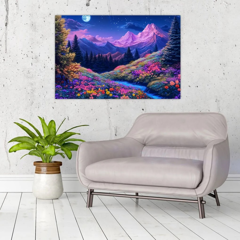 Tablou - Peisaj violet la lună plină (90x60 cm)