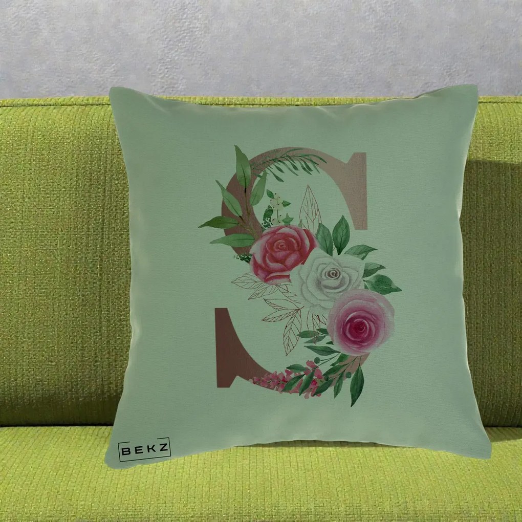 Cadou Personalizat - Perna Personalizata Monograma Rose Gold Litera S, 40x40 cm, Verde, Husa Detasabila, Perna Inclusa, BEKZ®