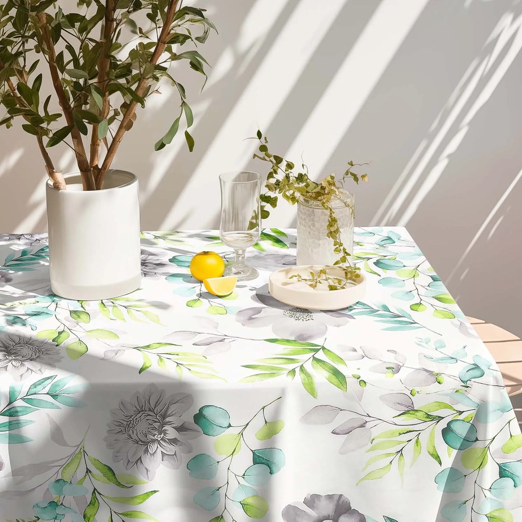 Goldea față de masă 100% bumbac deluxe - eucalipt cu flori 100 x 140 cm