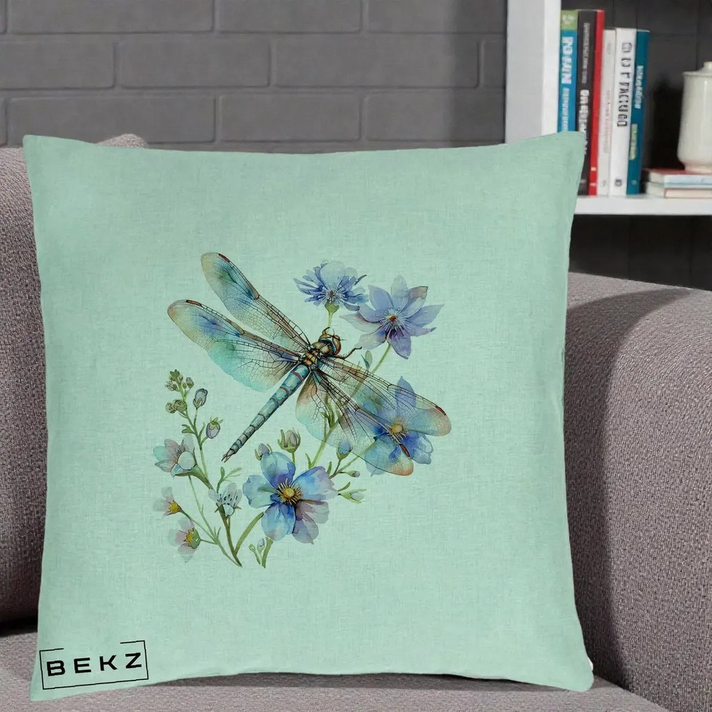 Perna Decorativa Libelula Acuarela Flori Albastre, 40x40 cm, Verde Menta, Husa Detasabila, Perna Inclusa, BEKZ®