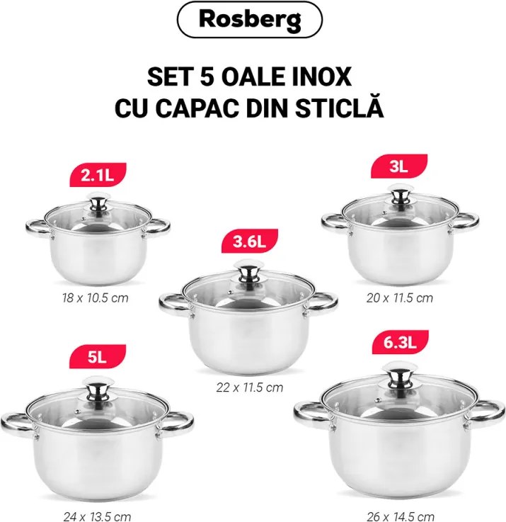 La mâna a doua: Set oale Rosberg R51210O10, 10 piese, 2.1-6.3 L, Otel inoxidabil, Argintiu