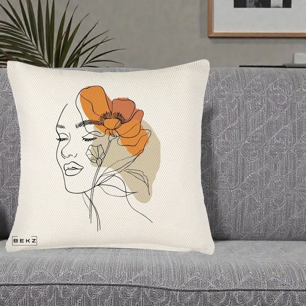 Perna Decorativa Portret Feminin Mac Mare Portocaliu, 40x40 cm, Crem Reliefat, Husa Detasabila, Perna Inclusa, BEKZ®