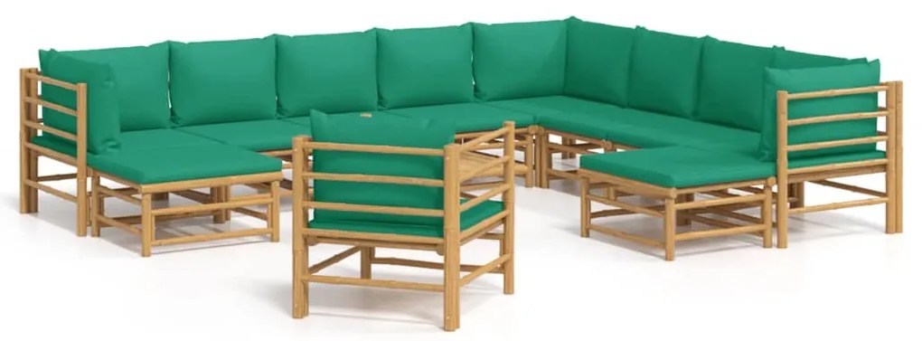3155162 vidaXL Set mobilier de grădină cu perne verzi, 12 piese, bambus
