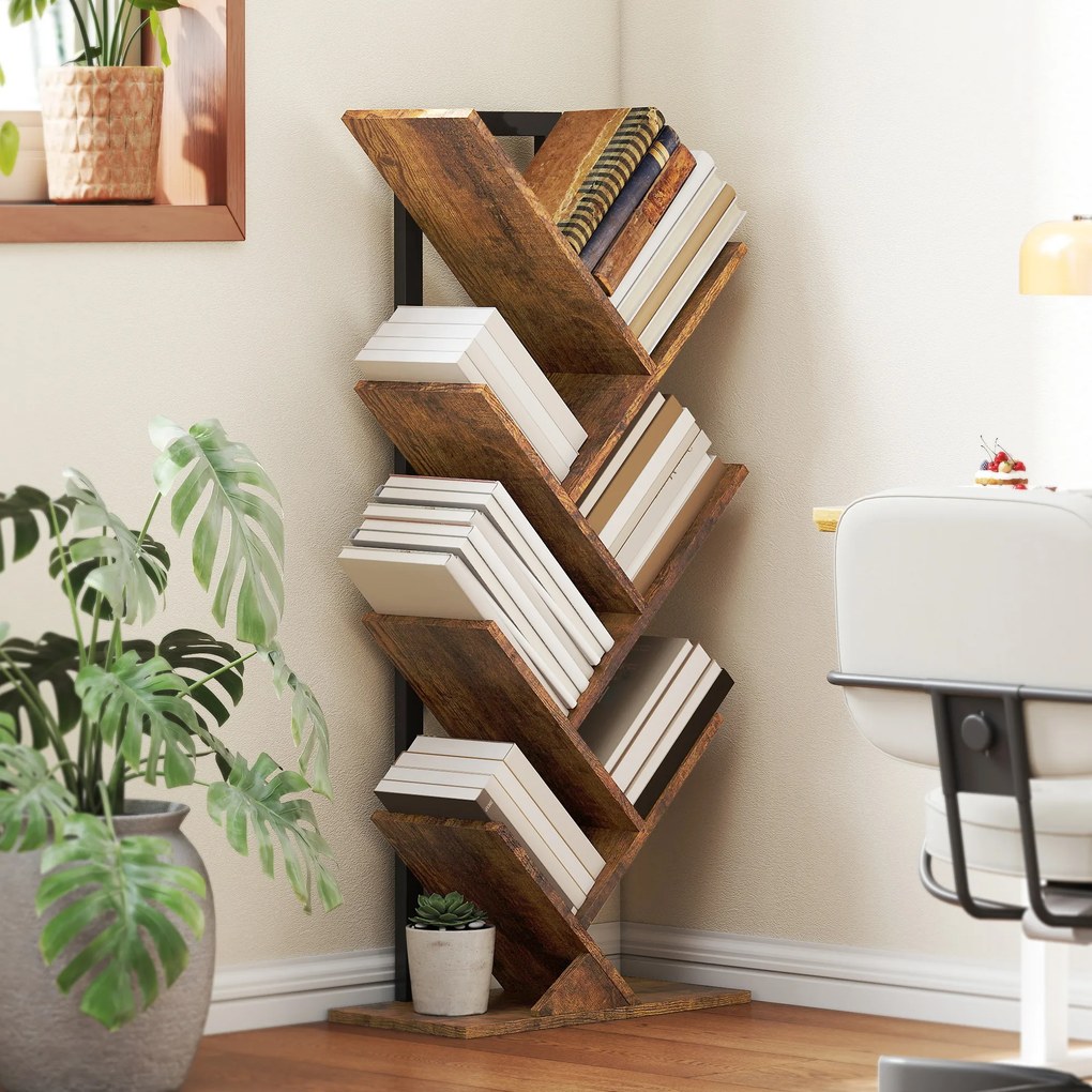 HOMCOM Bibliotecă Raft cu 7 Nivele Îngustă în Forma de Lemn pentru Birou, Brun Rustic | Aosom Romania