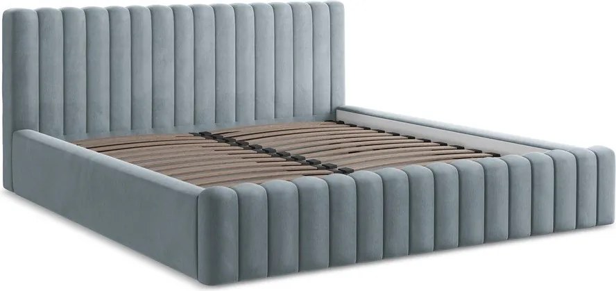 Pat matrimonial albastru deschis tapițat cu spațiu de depozitare cu somieră 140x200 cm Lemi – Makamii