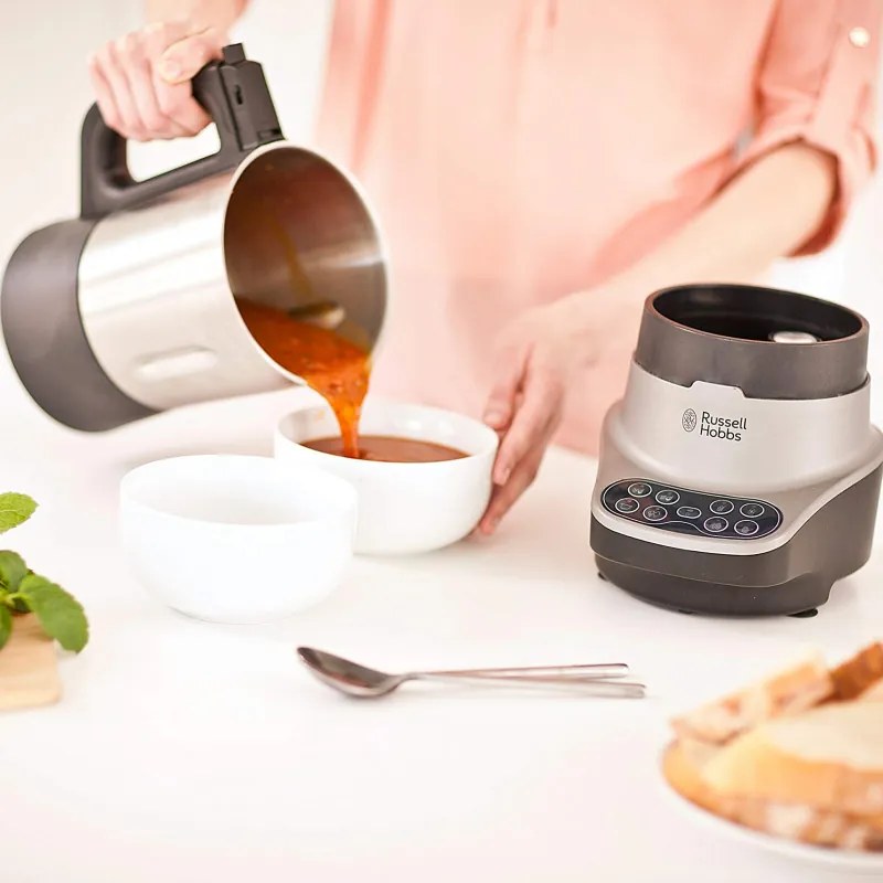 Blender si aparat preparare supa 2in1 Russell Hobbs 21480-56, 1200W, 1.75L, Incalzire, 8 programe, Alarma sonora, Sistem de siguranta, Mentinere la cald, Negru/Inox