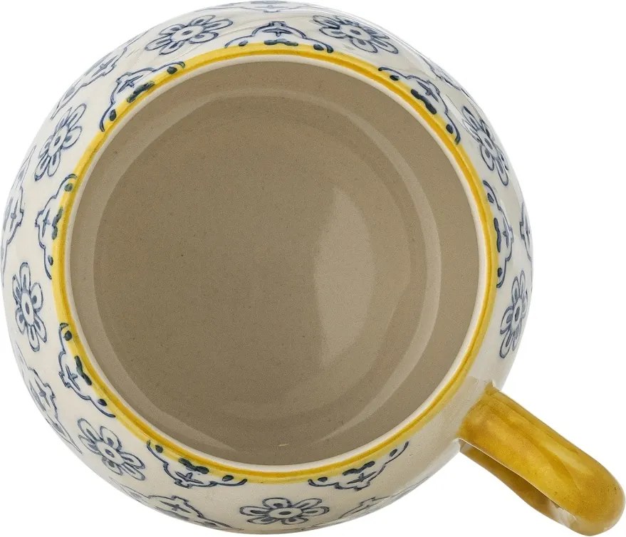 Set 4 căni din ceramică bej cu model floral albastru pictat manual și toartă galbenă, 400 ml, 10×8,5 cm, „Wrenna"