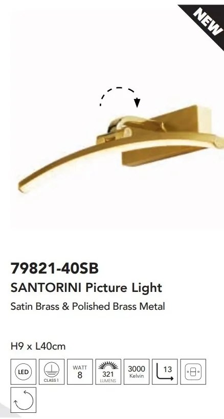 Aplica de perete LED pentru oglinda sau tablou Santorini alama, L-40cm