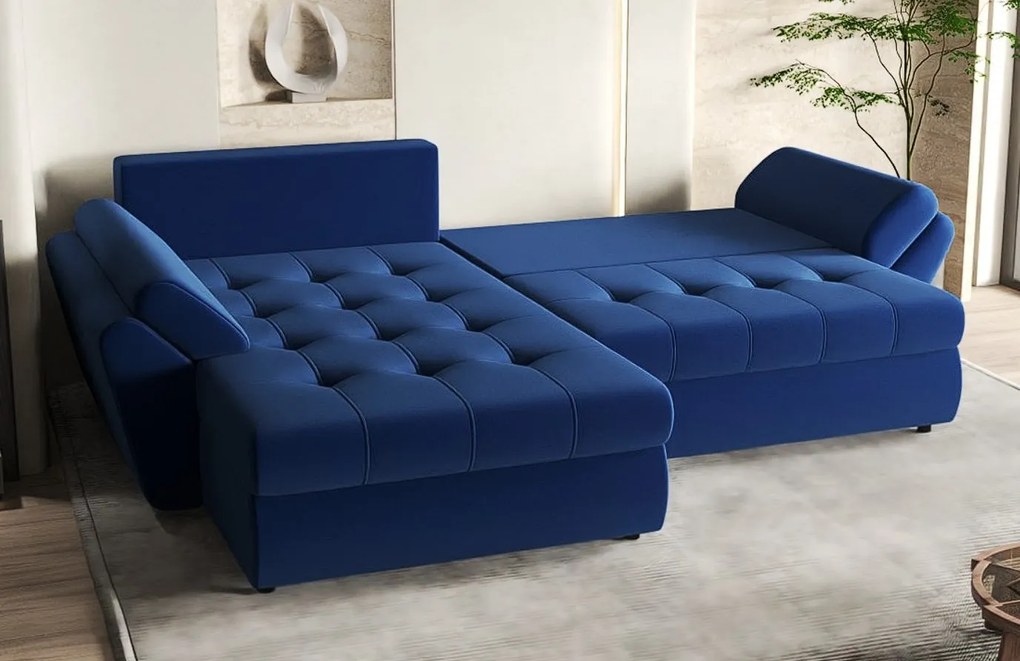 Colțar extensibil dumonde cu ladă de depozitare si sezut confortabil din spuma high-density, Loana Royal Blue 270x185 cm