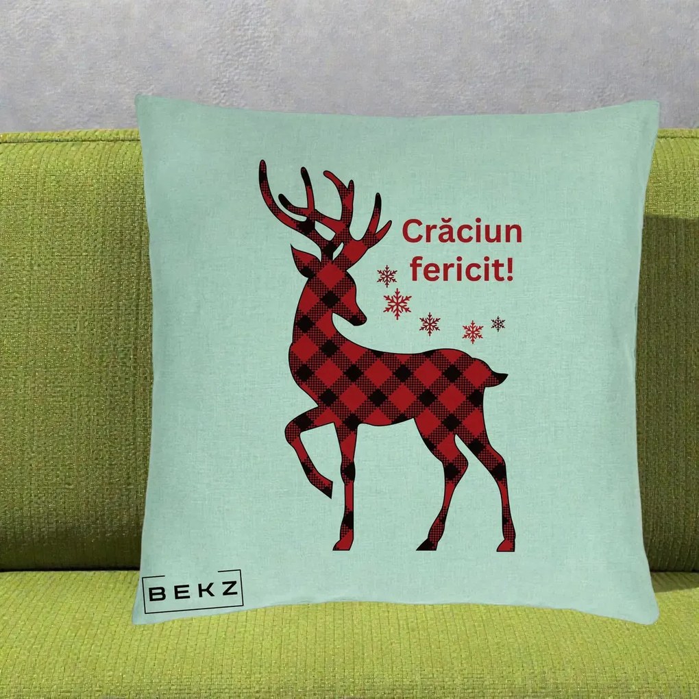 Perna Decorativa Ren Tartan Craciun Fericit, 40x40 cm, Verde Menta, Husa Detasabila, Perna Inclusa, BEKZ®