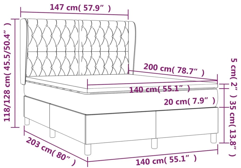 Pat box spring cu saltea, gri deschis, 140x200 cm, catifea Gri deschis, 140 x 200 cm, Design cu nasturi