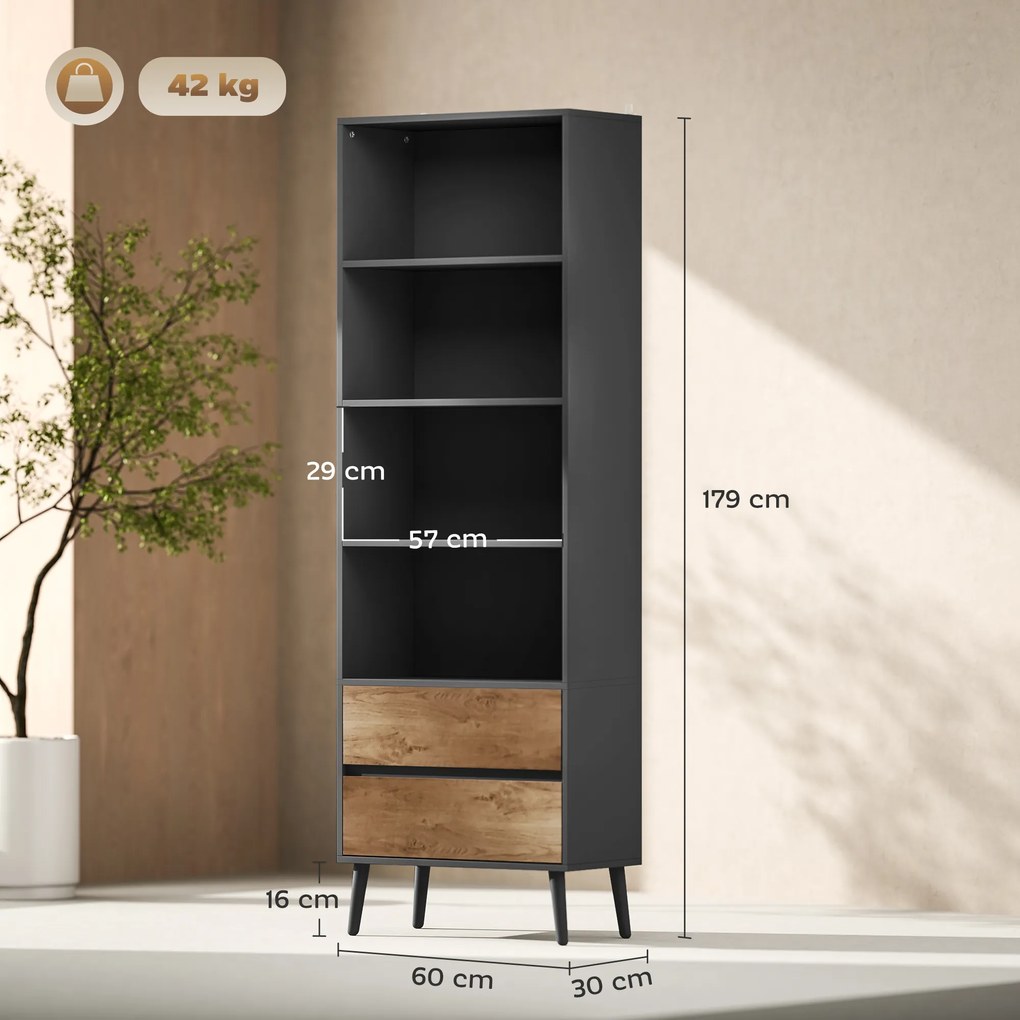 HOMCOM Bibliotecă mobilier de depozitare cu 4 compartimente deschise și 2 sertare, 60 x 30 x 179 cm, gri | Aosom Romania