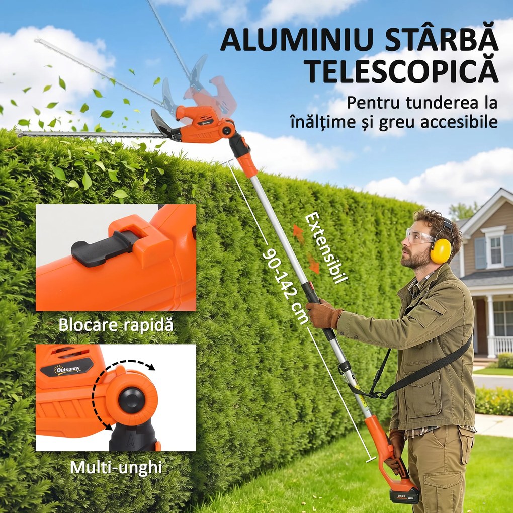 Outsunny Trimmer pentru Gard Viu pe Baterie 18V, Trimmer pentru Grădină cu 2 Baterii de 4Ah, Încărcător, Târnă Telescopică Reglabilă din Aluminiu, Lamă Cu Acțiune Dublă de 51cm pentru Ramuri, Portocaliu | Aosom Romania