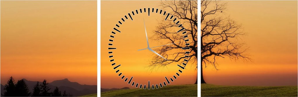 Tablou cu apus de soare pe o luncă (cu ceas) (90x30 cm)