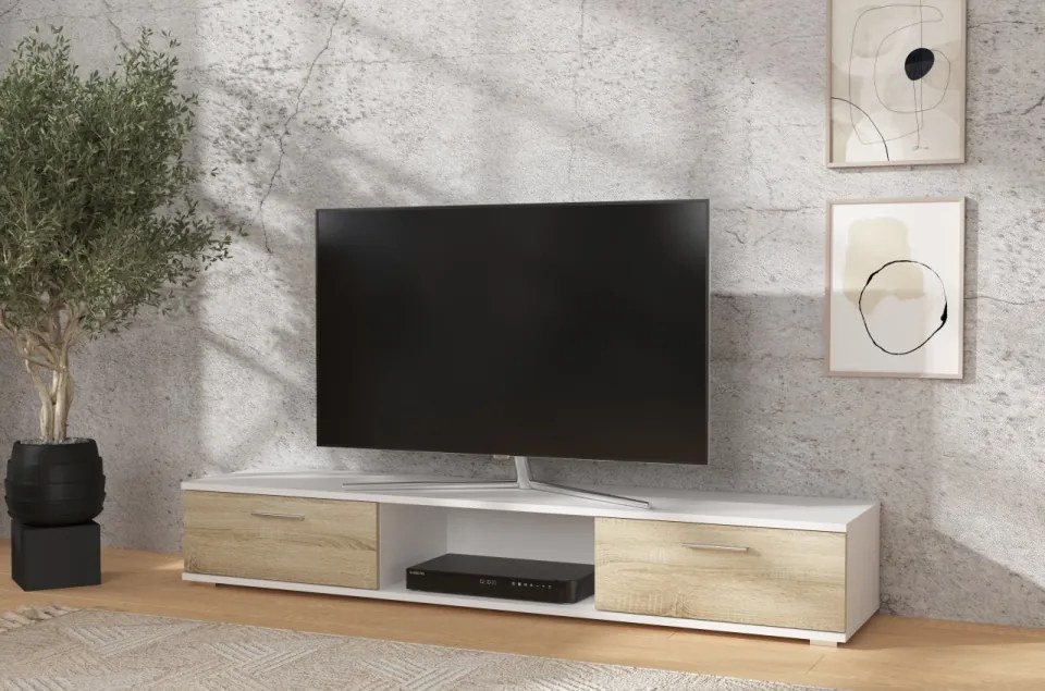 Comodă TV, 176x40x28, Sella, ADRK Furniture (Culoare: Sonoma / Alb Lucios)