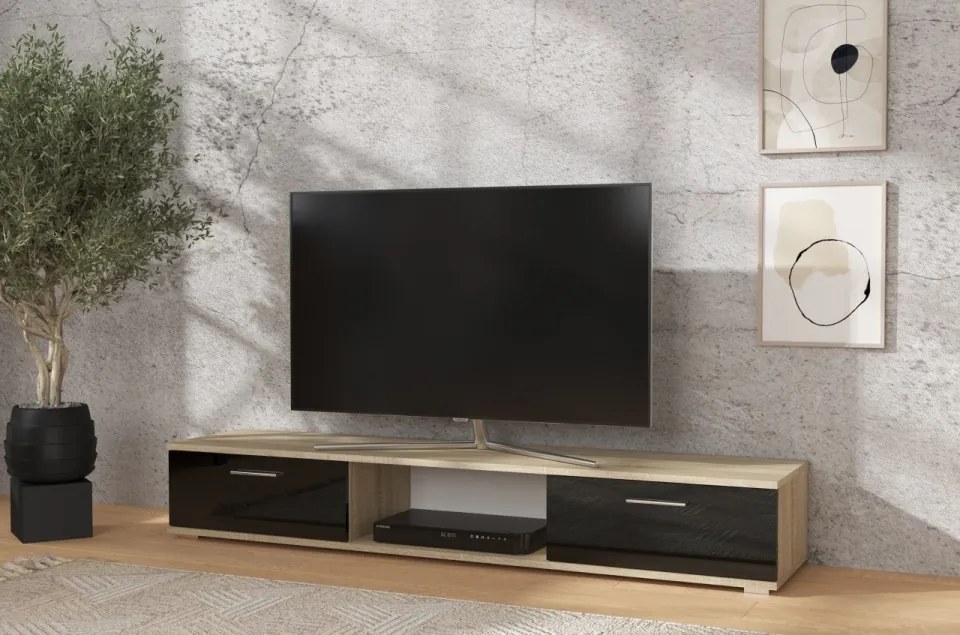 Comodă TV, 176x40x28, Sella, ADRK Furniture (Culoare: Sonoma / Alb Lucios)