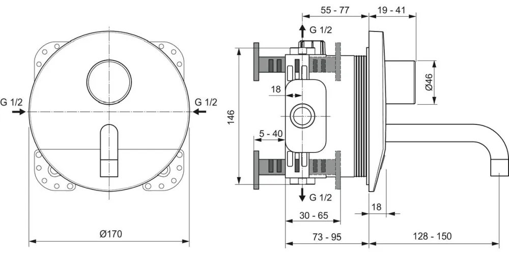 Baterie de lavoar cu senzor pentru instalare incastrata, partea 2, pipa 150 mm, control al temperaturii cu ajutorul unui instrument special (retea de