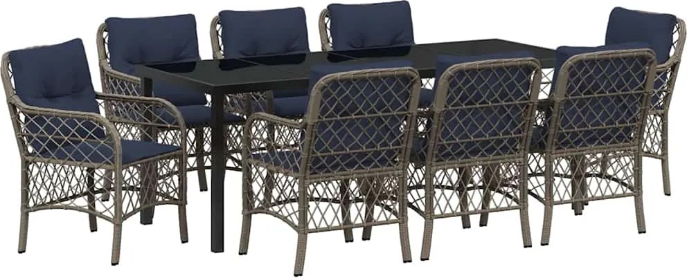 vidaXL Set de masă pentru grădină cu pernă 9 pcs Gri și negru Ratan
