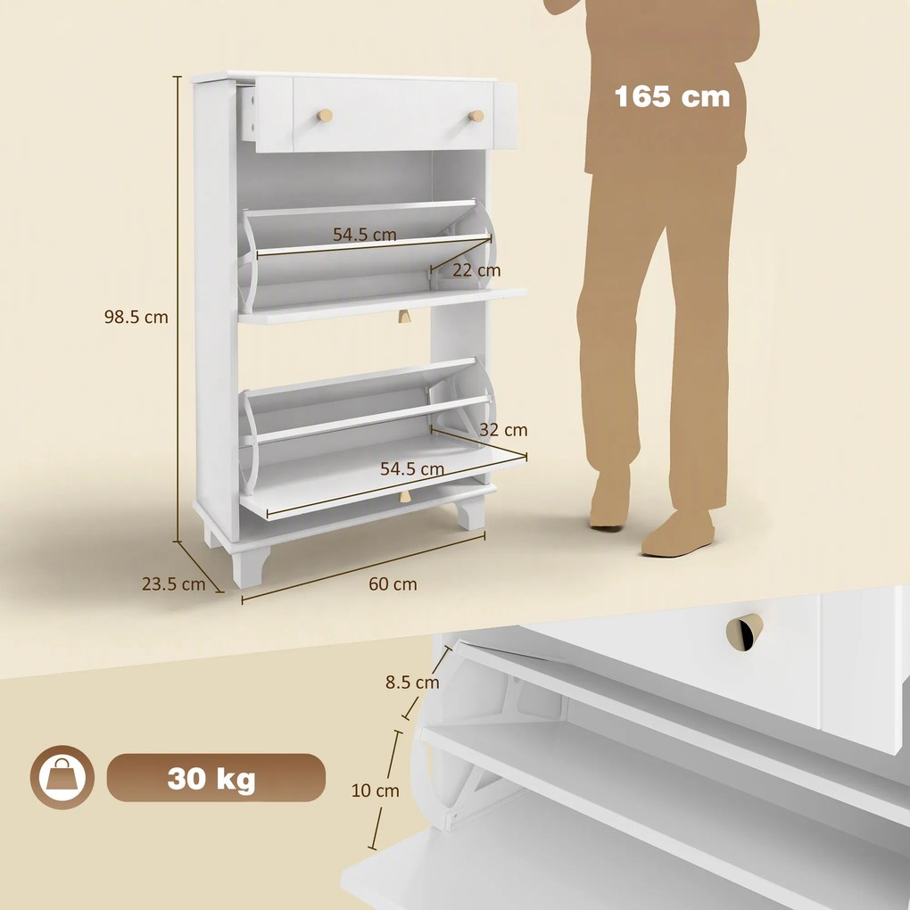 HOMCOM Dulap Pantofi Slim cu 2 Uși, Sertar, Rafturi Reglabile, 8 Perechi, MDF, PAL, 60 x 23,5 x 98,5 cm, Alb | Aosom Romania