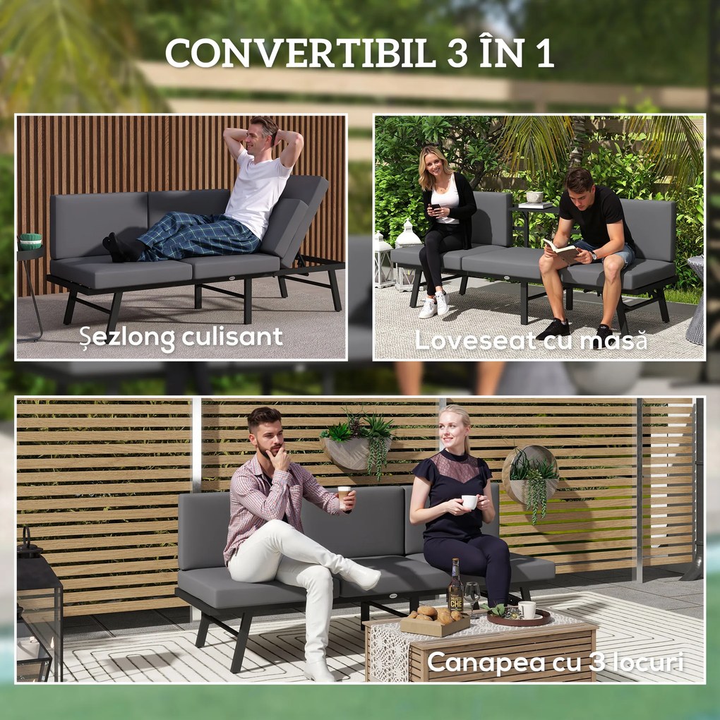 Outsunny Canapea de Grădină 3 în 1 Convertibilă și Reglabilă în 5 Poziții cu Perne, 180x63.5x68 cm, Gri | Aosom Romania
