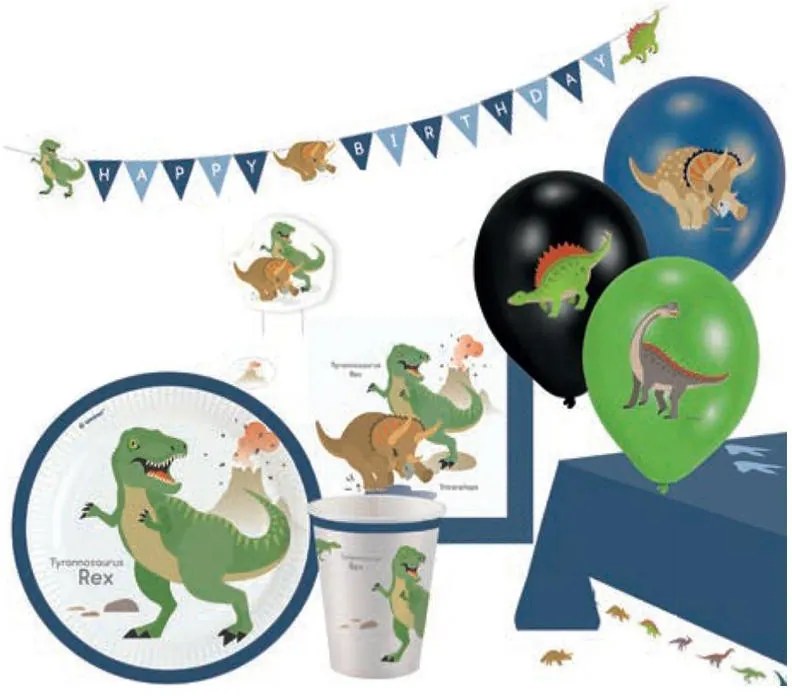 Dinozaur Happy set de petrecere cu 45 de piese și farfurie de 23 cm