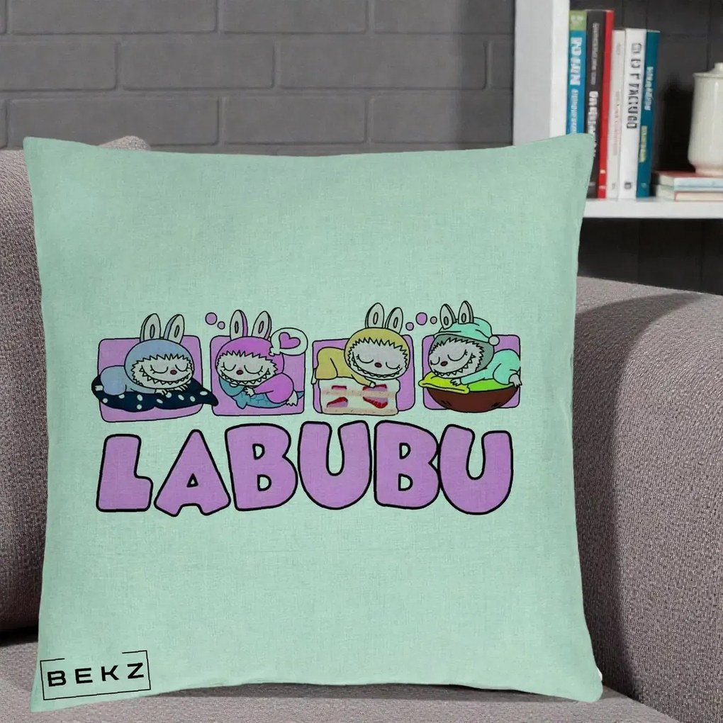 Perna Personalizata Labubu Sleeping Quad, 40x40 cm, Verde Menta, Husa Detasabila, Perna Inclusa, BEKZ®