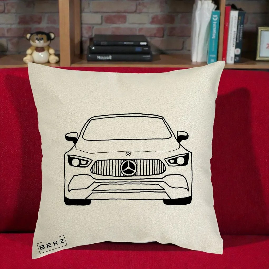 Perna Personalizata Mercedes-Benz Fata Linie, 40x40 cm, Ecru, Husa Detasabila, Perna Inclusa, BEKZ®