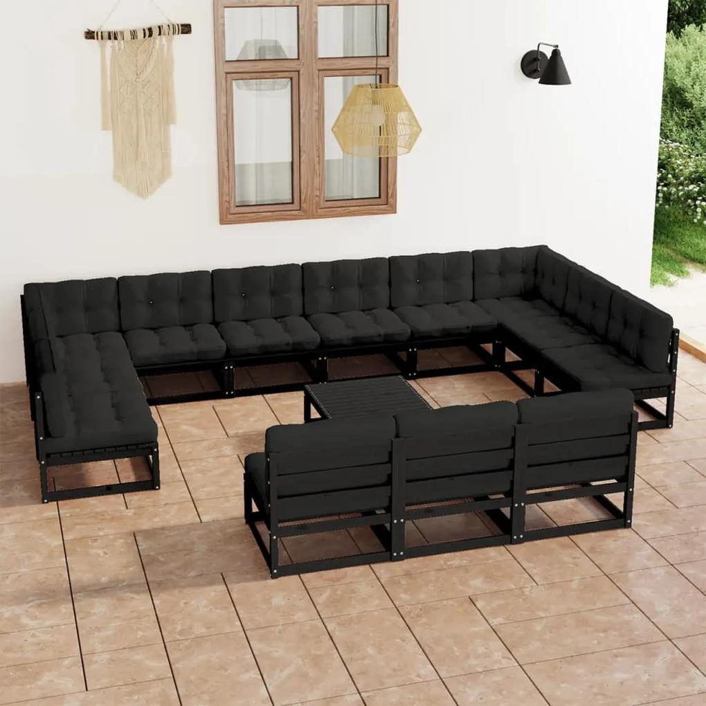 3077253 vidaXL Set mobilier grădină cu perne, 14 piese, negru, lemn masiv pin