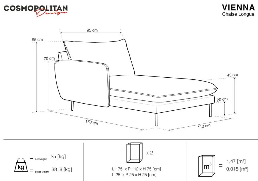 Șezlong, cotieră pe partea dreapta Cosmopolitan Design Vienna, albastru deschis