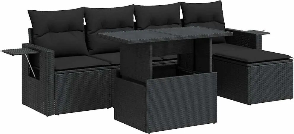 vidaXL Set mobilier de grădină cu perne, 6 piese, negru, poliratan