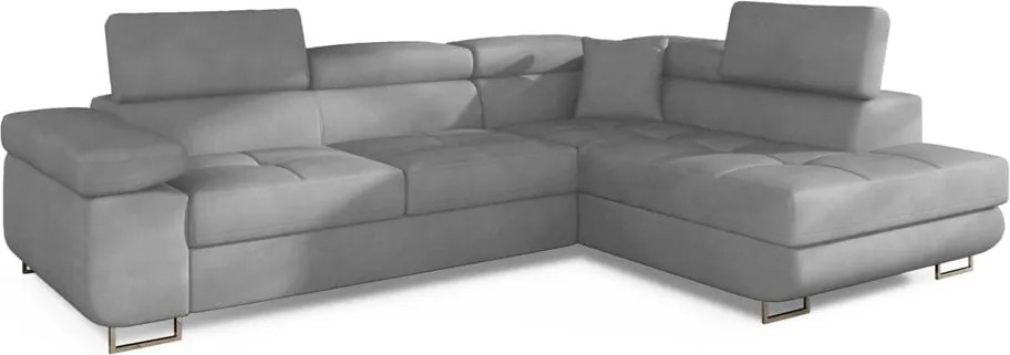 Colțar gri deschis extensibil/cu spațiu de depozitare cu tapițerie din catifea (cu colț pe partea dreaptă/în formă de ”L”) Anton – ELTAP