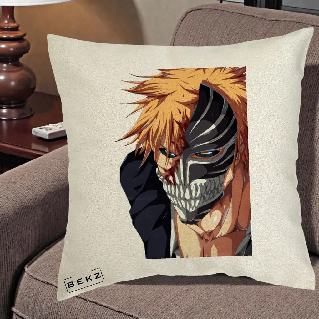 Perna Personalizata Bleach Ichigo Masca Hollow, 40x40 cm, Ecru, Husa Detasabila, Perna Inclusa, BEKZ®