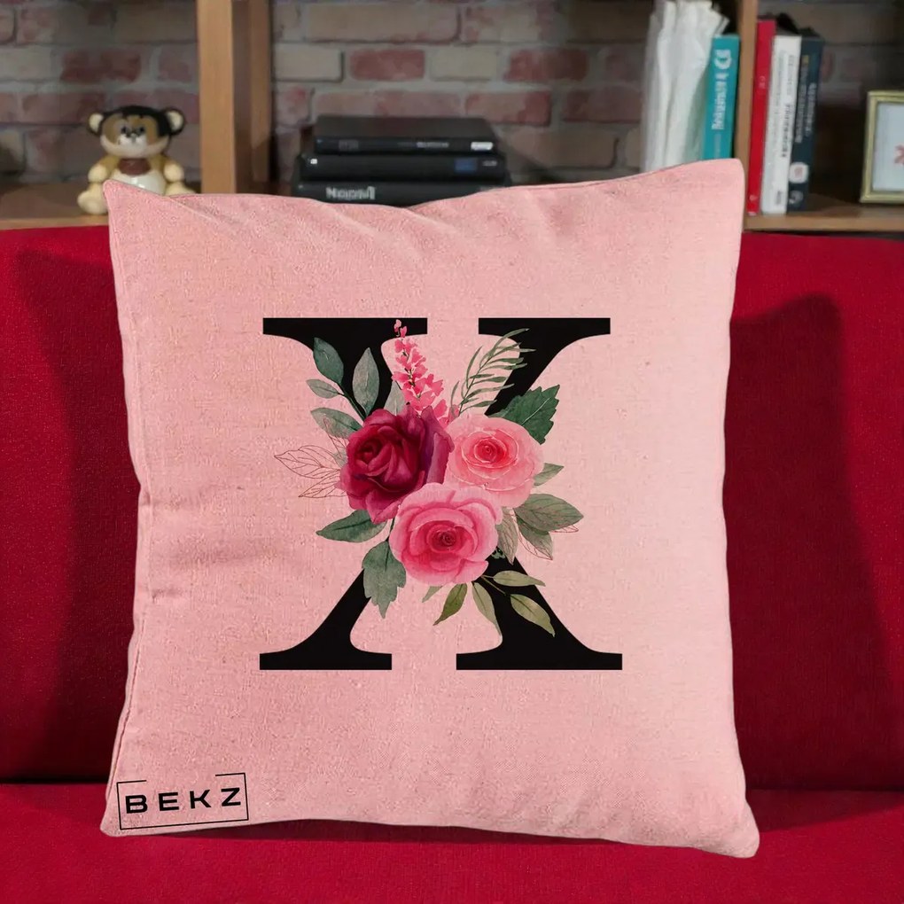 Cadou Personalizat - Perna Personalizata Monograma Florala Litera X cu Buchet, 40x40 cm, Roz, Husa Detasabila, Perna Inclusa, BEKZ®