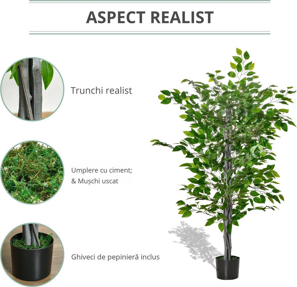 HOMCOM ficus artificial, ghiveci inclus, 135 cm, verde | Aosom Romania