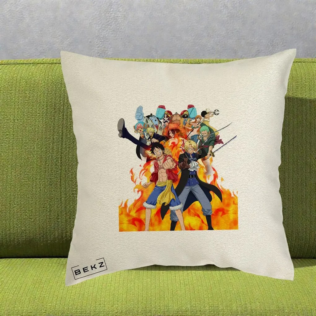 Perna Personalizata One Piece Echipa Straw Hat in Flacari, 40x40 cm, Ecru, Husa Detasabila, Perna Inclusa, BEKZ®