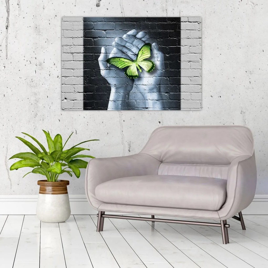 Tablou - Fluture verde în perete (90x60 cm)