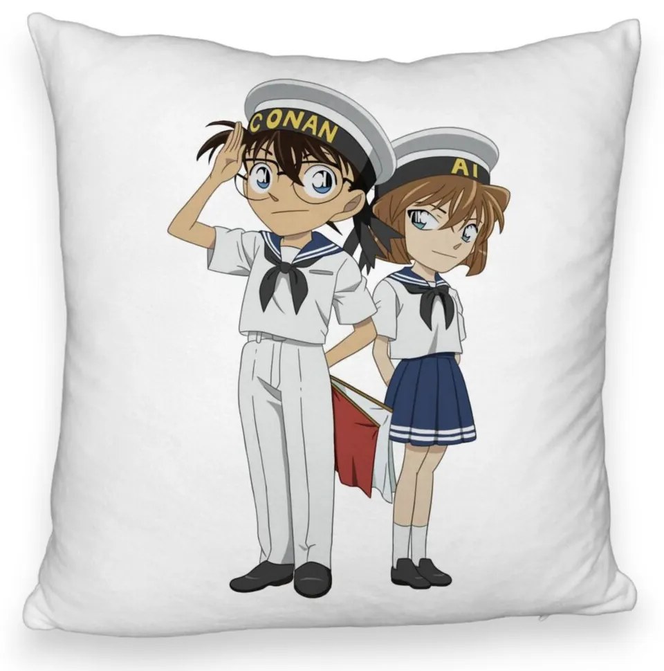 Perna Decorativa Fluffy cu Detective Conan 2, 40x40 cm, Alba, Husa Detasabila, Burduf