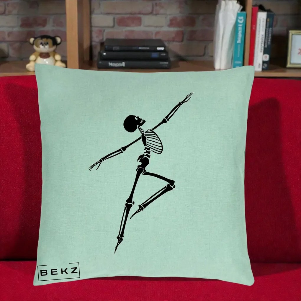 Perna Decorativa Schelet Dansator Silueta Neagra Halloween, 40x40 cm, Verde Menta, Husa Detasabila, Perna Inclusa, BEKZ®