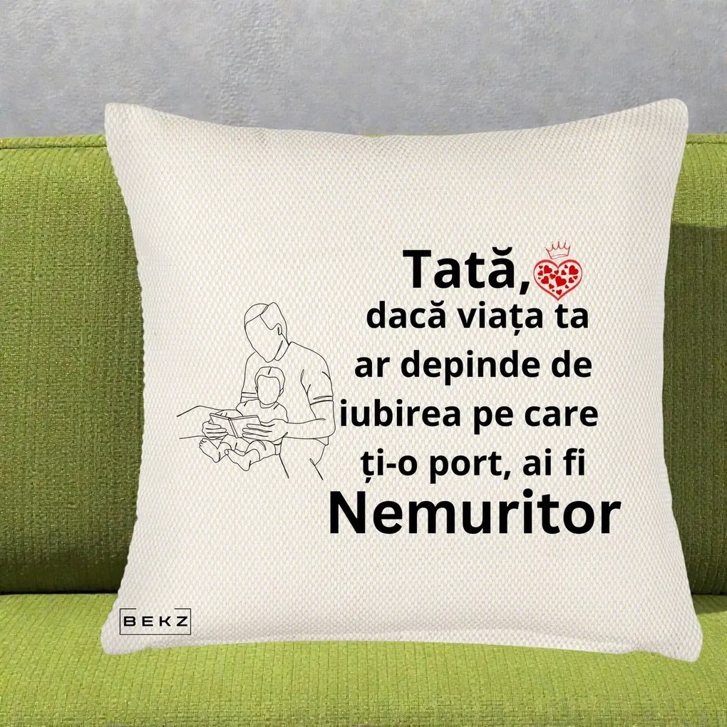 Cadou pentru Tata - Perna Personalizata Tata Nemuritor Lectura, 40x40 cm, Crem Reliefat, Husa Detasabila, Perna Inclusa, BEKZ®