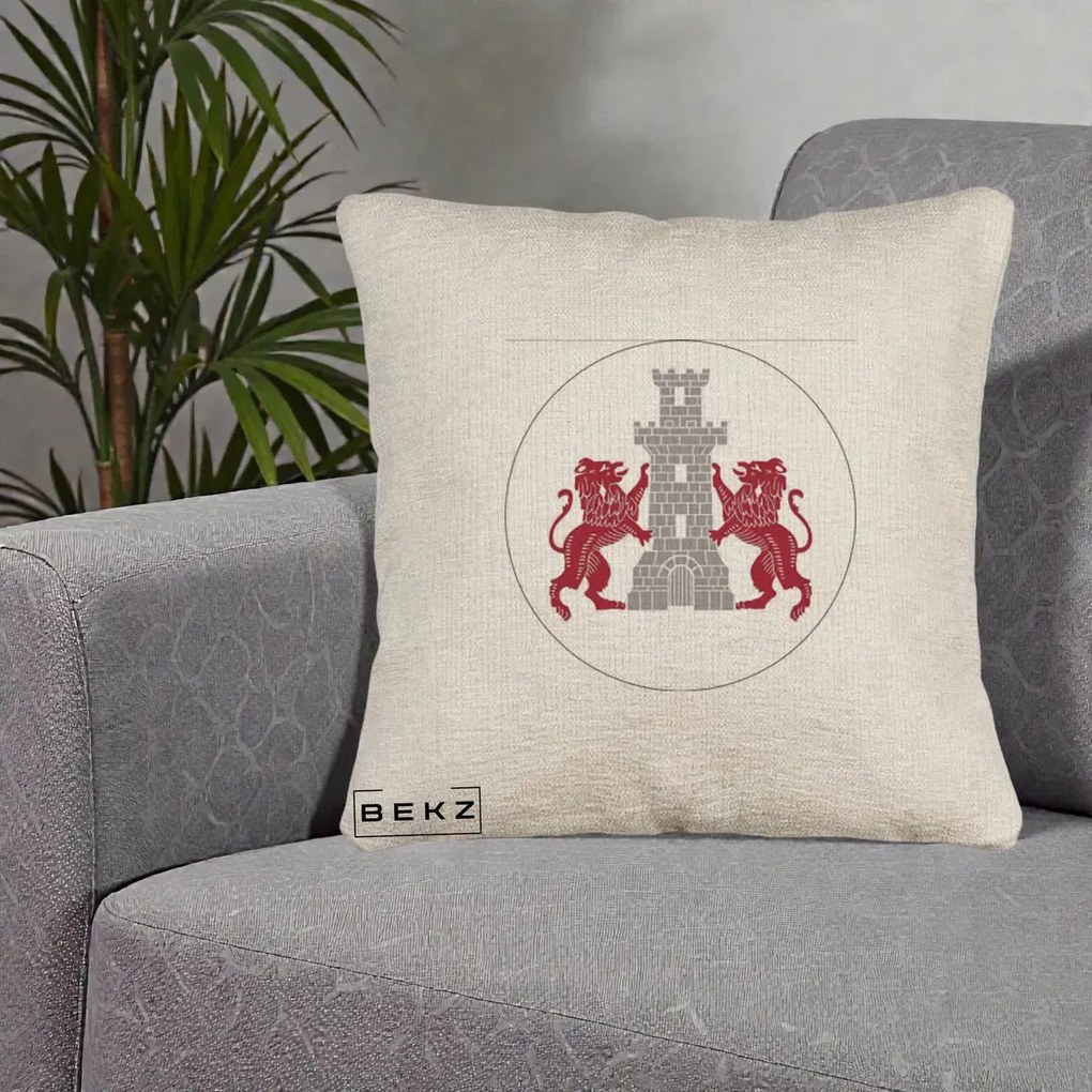 Perna Personalizata Cetatea Turnu Magurele Heraldic, 40x40 cm, Bej Canapea, Husa Detasabila, Perna Inclusa, BEKZ®