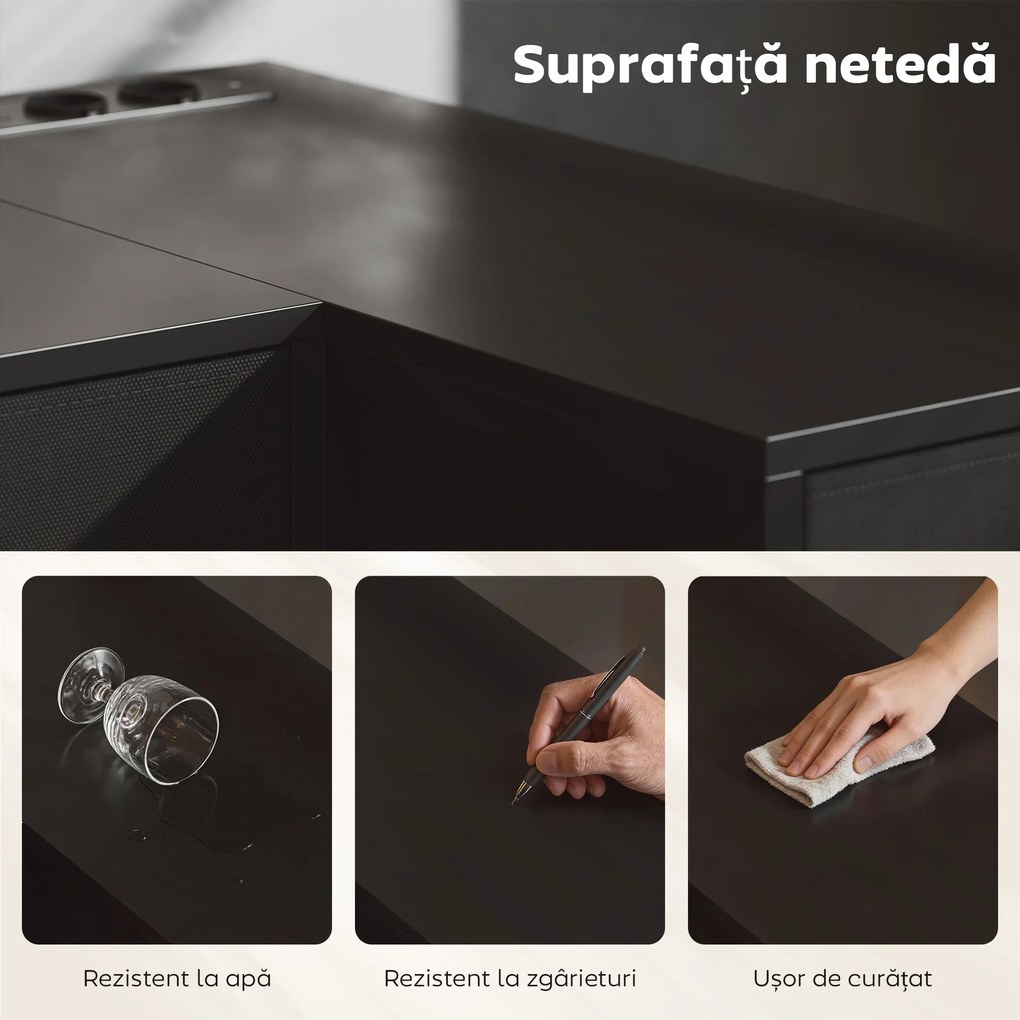 HOMCOM Birou de Colț Reversibil cu Prize și Porturi USB, 126x48 cm Birou în Formă de L cu 6 Sertare din Material Textil, Cârlig Lateral, pentru Computer, Birou, Cameră, Negru | Aosom Romania