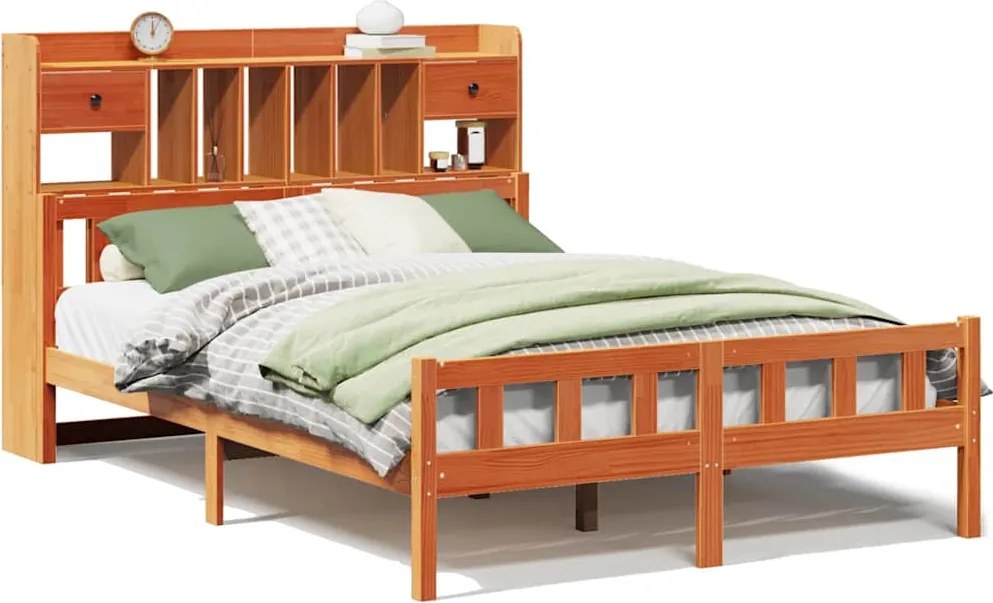 vidaXL Pat cu bibliotecă fără saltea maro 150x200 cm lemn masiv de pin