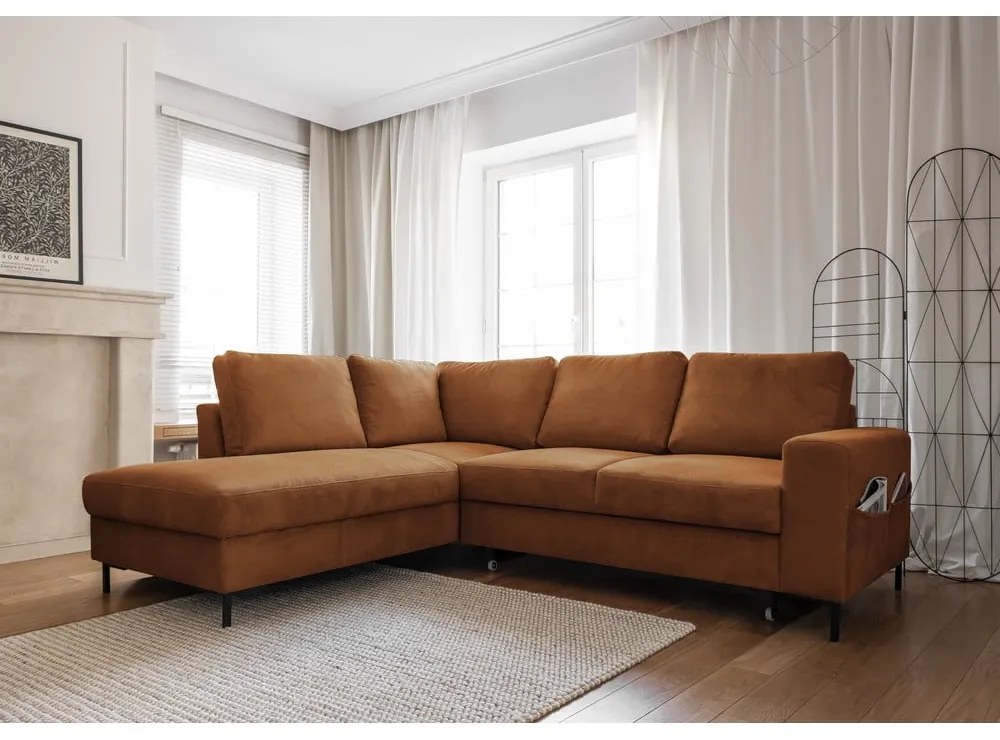 Colțar portocaliu/maro extensibil cu tapițerie din catifea reiată (cu colț pe partea stângă ) Lofty Lilly – Miuform