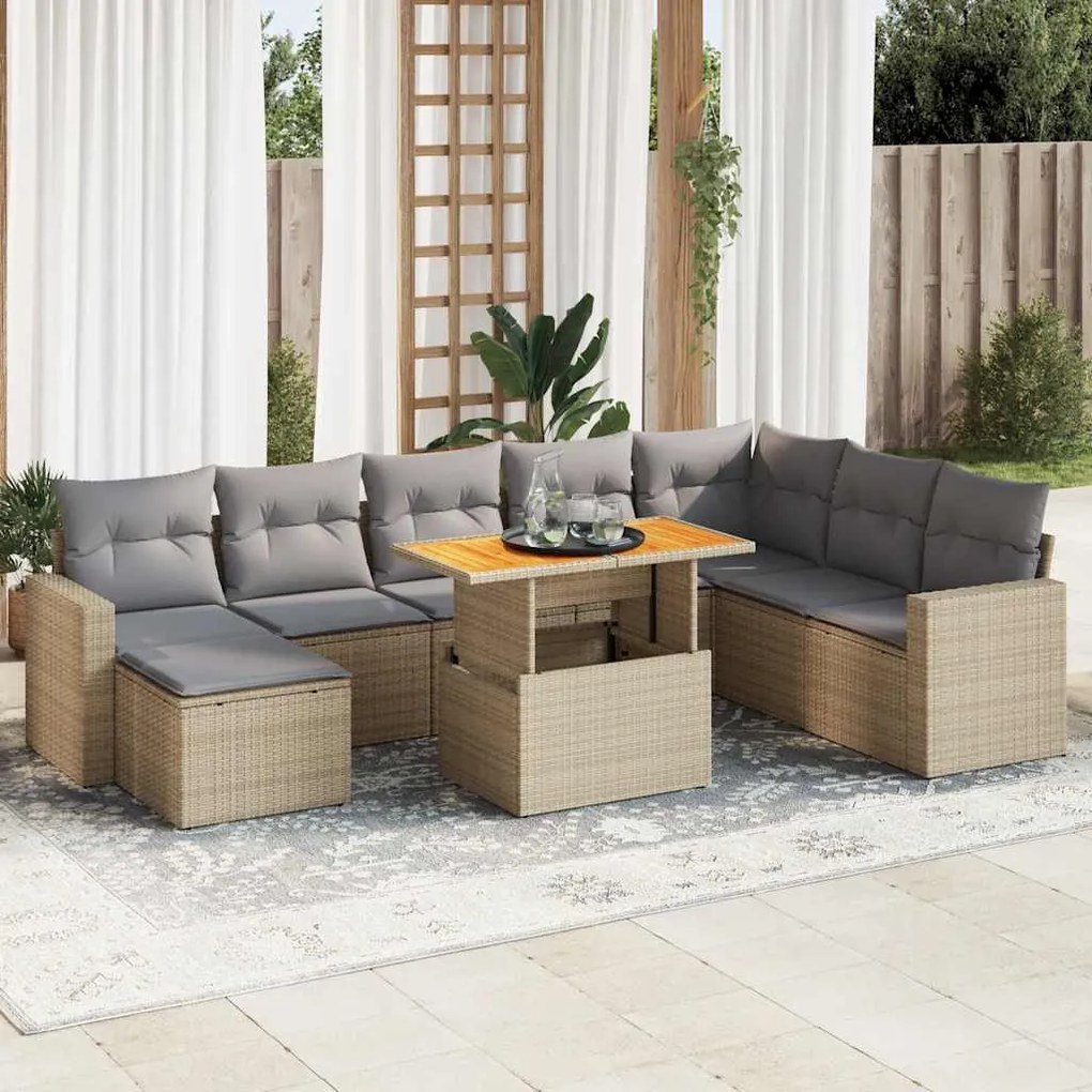 vidaXL Set canapele de grădină, 9 piese, cu perne, bej, poliratan