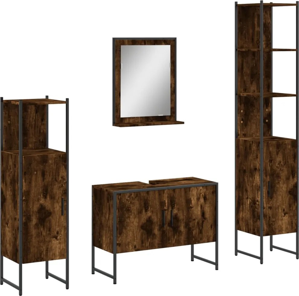 vidaXL Set dulapuri de baie, 4 piese, stejar afumat, lemn prelucrat