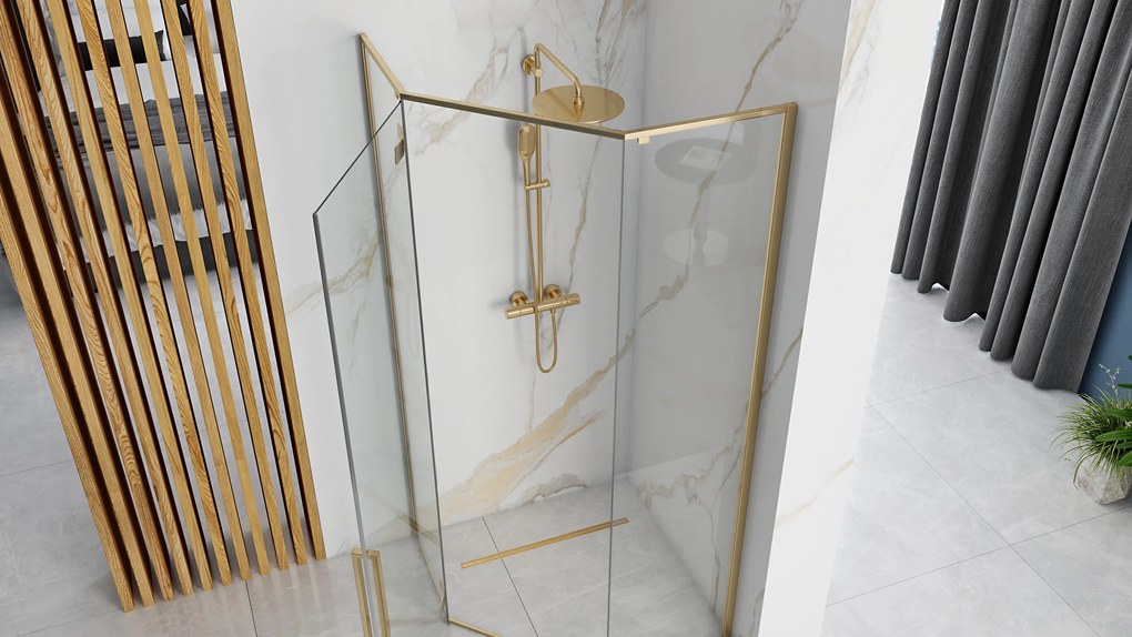 Cabina dus cu cadita de dus pentagonala cu usa batanta Rea Diamond 90x90 auriu - alb