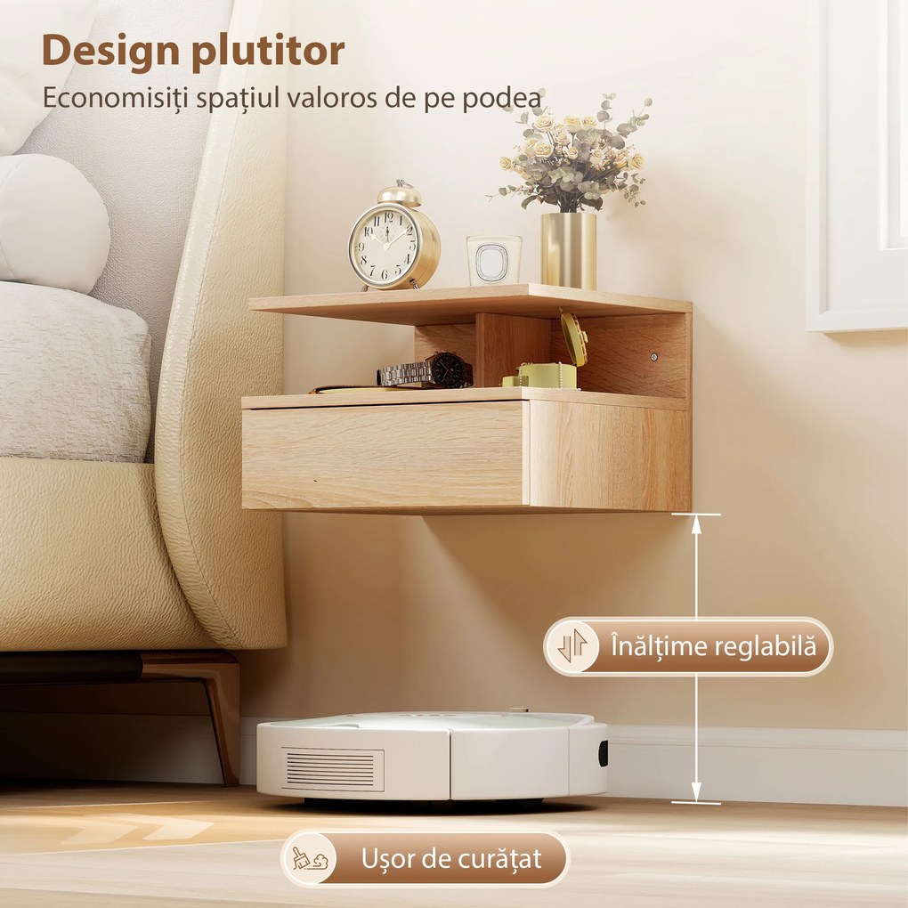 HOMCOM Set de 2 Noptiere Suspendate pe Perete cu Sertar, Stejar | Aosom Romania